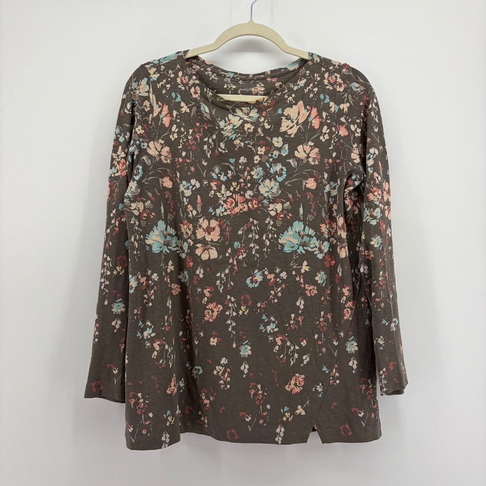 Pure Jill Womens XS Gray Floral Asymmetric Tunic Organic Cotton Long Sleeve Top